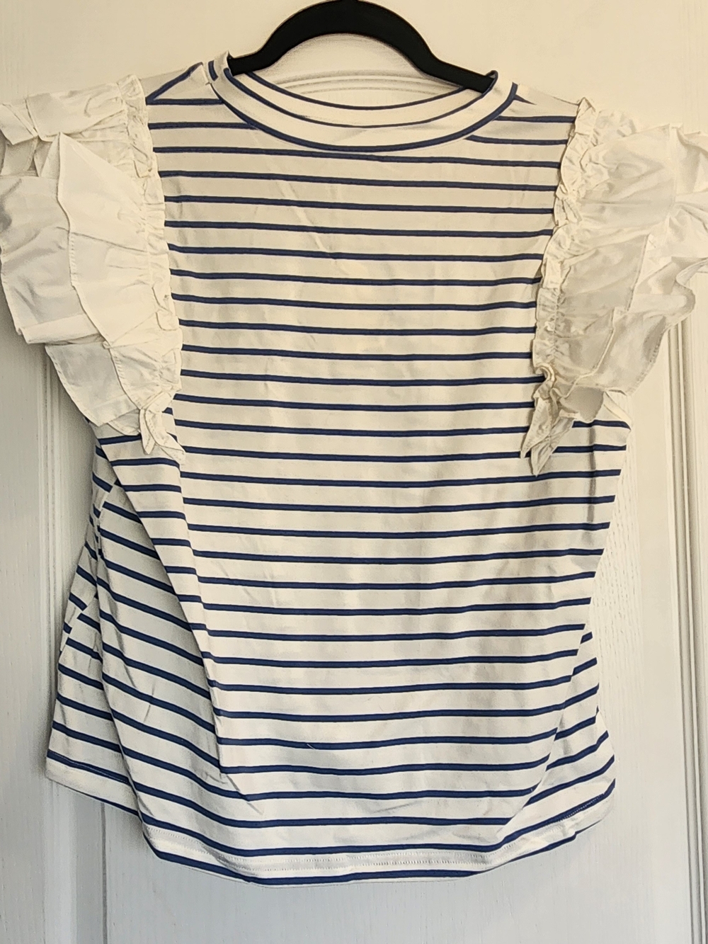 JODIFL White Top with Blue Stripes and Ruffle Sleeves S BNWT
